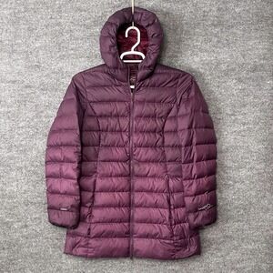 Eddie Bauer Womens EB650 Down Hooded Puffer Jacket Purple Parka Medium Outdoors